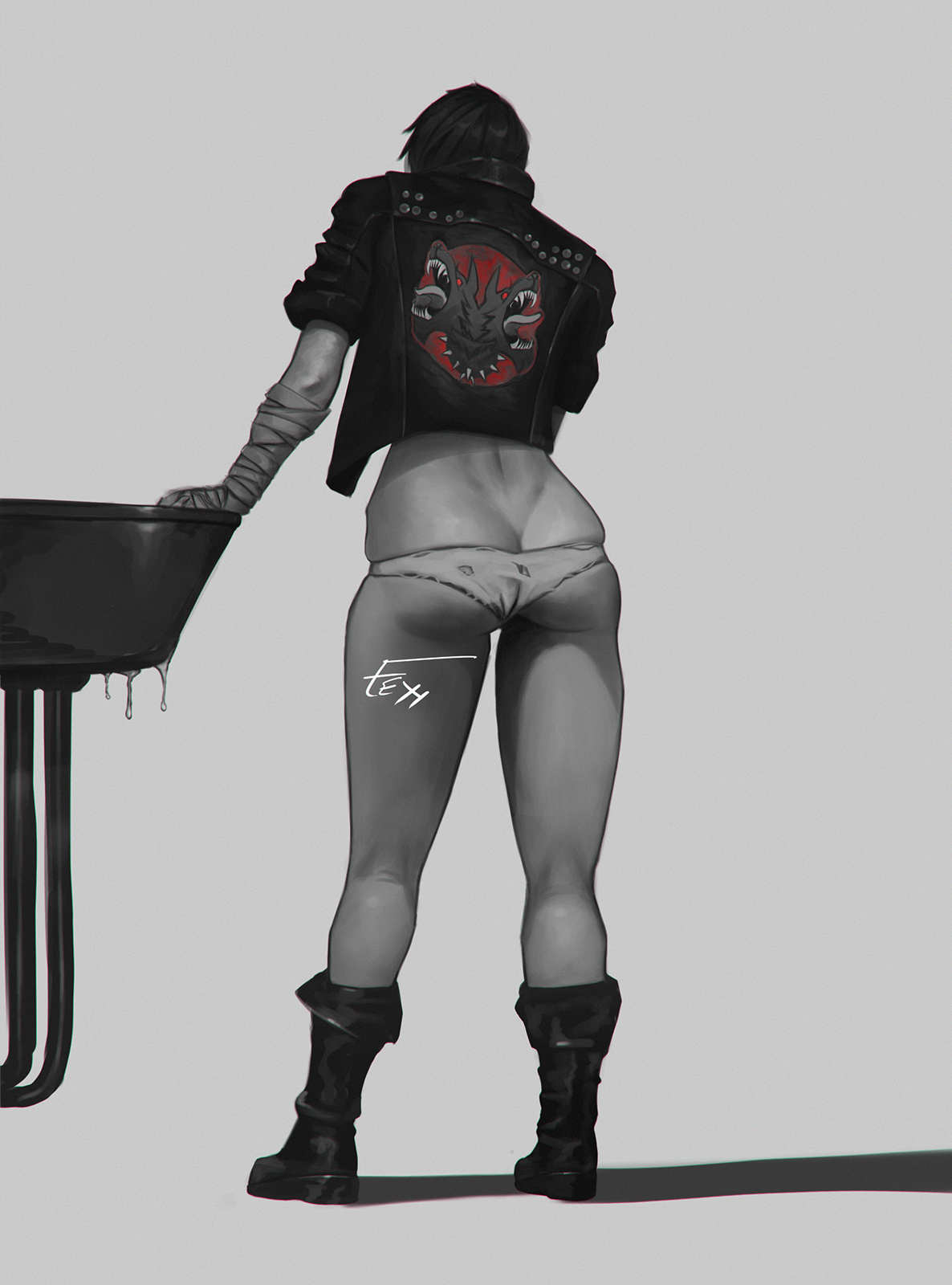 vi (league of legends), league of legends, highres, 1girl, ass, bandaged hand, bandages, boots, feyyona, from behind, grey background, greyscale, jacket, monochrome, panties, short hair, skindentation, solo, standing, underwear, wolf print