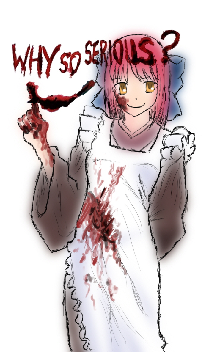 kohaku (tsukihime), the joker, batman (series), dc comics, the dark knight, tsukihime, corrupted metadata, 1girl, apron, blood, female focus, parody, red hair, ribbon, short hair, solo, yellow eyes