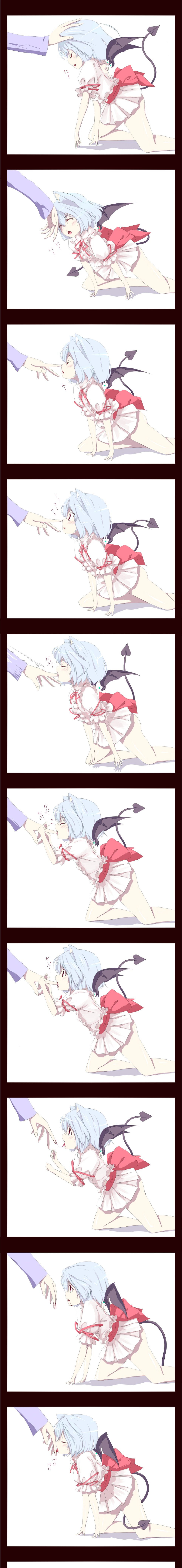 gustav (telomere na), remilia scarlet, touhou, biting finger, absurdres, commentary, highres, long image, tall image, 1girl, animal ears, bat wings, biting, blood, blue hair, blush, cat ears, cat girl, cat tail, comic, demon tail, female focus, headpat, kemonomimi mode, licking, no headwear, no panties, red eyes, ribbon, short hair, silent comic, tail, vampire, wings