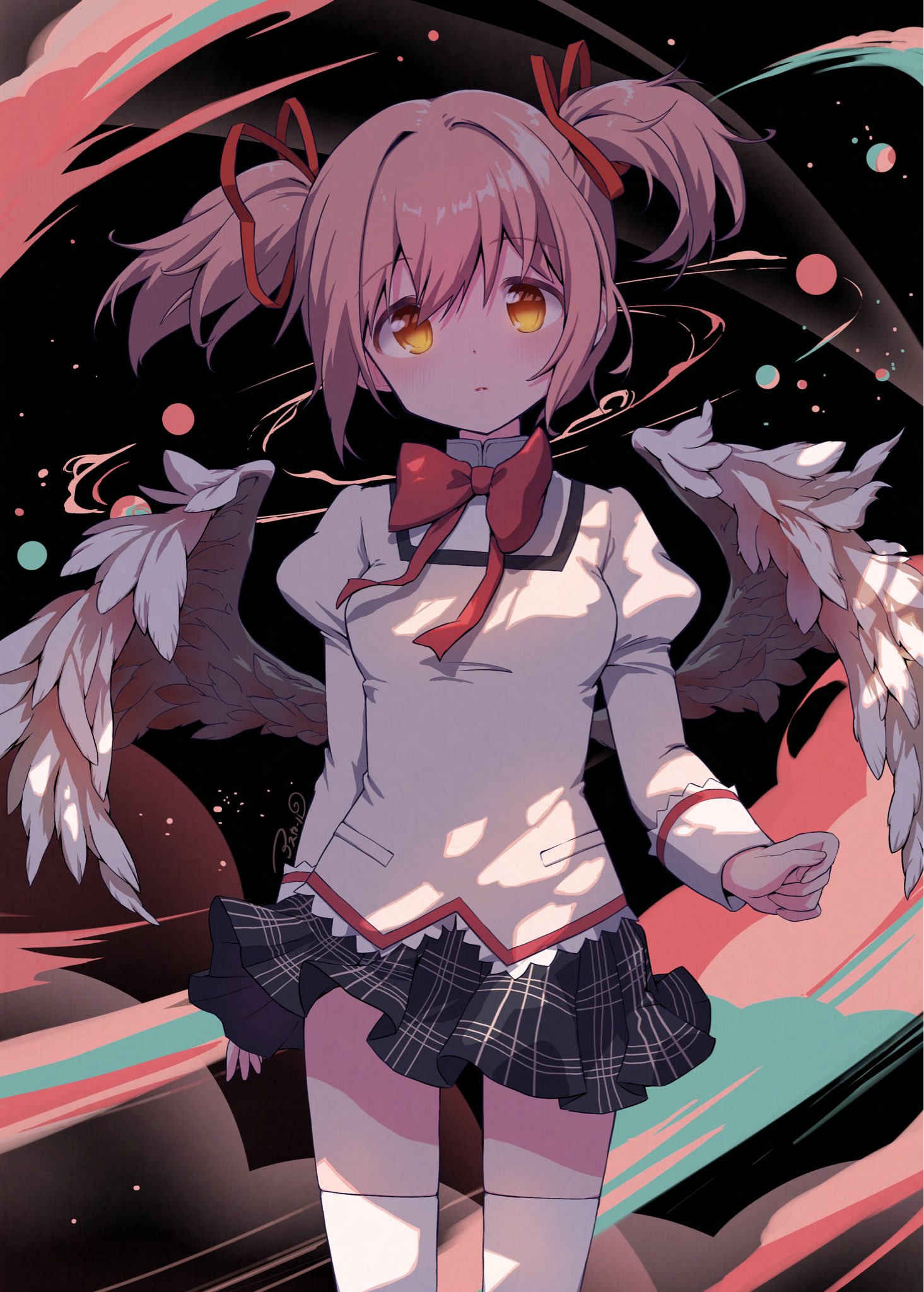 asukaru (magika ru), kaname madoka, mahou shoujo madoka magica, mahou shoujo madoka magica (anime), commentary request, highres, 1girl, black skirt, blush, bow, bowtie, breasts, cowboy shot, feathered wings, hair ribbon, juliet sleeves, long sleeves, looking at viewer, medium breasts, miniskirt, mitakihara school uniform, parted lips, pink hair, pleated skirt, puffy sleeves, red bow, red bowtie, red ribbon, ribbon, school uniform, shirt, short hair, short twintails, skirt, solo, thighhighs, twintails, white thighhighs, wings, yellow eyes, yellow shirt, zettai ryouiki