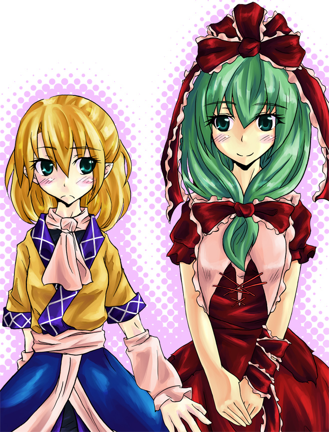 asamori, kagiyama hina, mizuhashi parsee, touhou, 2girls, arm warmers, blonde hair, blush, dress, female focus, frills, front ponytail, frown, green eyes, green hair, multiple girls, ribbon, smile