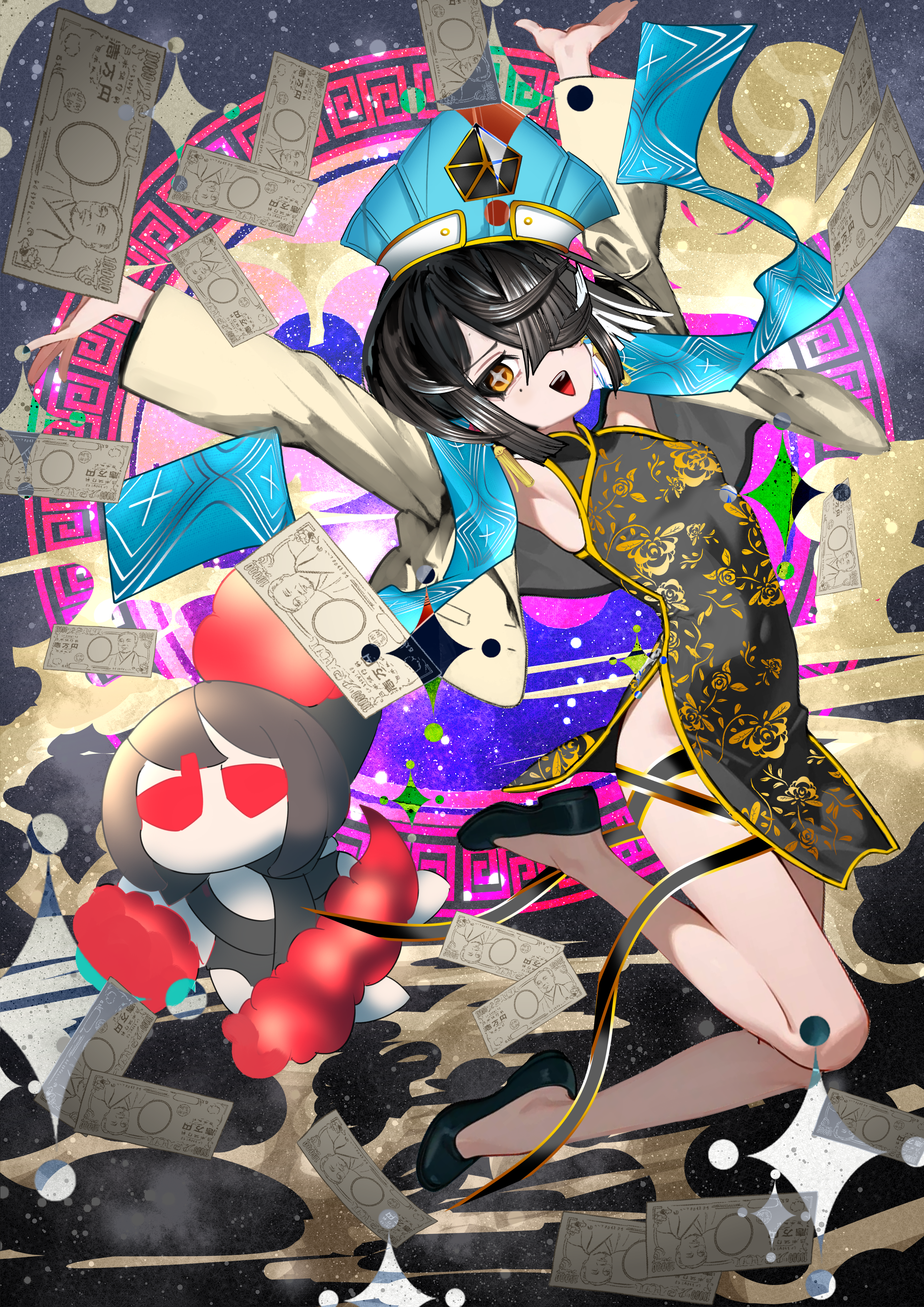 kitsunebi44410, xu fu (fate), xu fu (first ascension) (fate), fate/grand order, fate (series), absurdres, highres, 1girl, alternate costume, banknote, black dress, black hair, blue hat, breasts, brown eyes, china dress, chinese clothes, dress, floral print, hair ornament, hair over one eye, hair stick, hat, jacket, lady yu doll, long sleeves, looking at viewer, mole, mole under eye, money, open mouth, pelvic curtain, sash, short hair, side slit, small breasts, smile, solo, sparkling eyes, thigh strap, white jacket