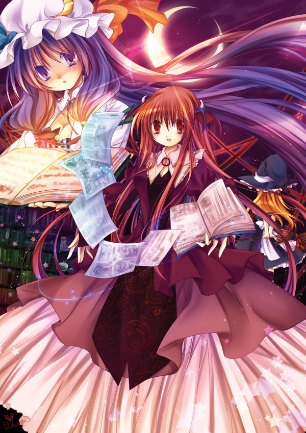 anna (small night), hane (x20285), kirisame marisa, koakuma, patchouli knowledge, embodiment of scarlet devil, touhou, photoshop (medium), 3girls, blonde hair, book, card, crescent, crescent hat ornament, demon girl, dress, female focus, hat, hat ornament, head wings, layered dress, long hair, long sleeves, looking at viewer, mob cap, multiple girls, purple eyes, purple hair, red dress, red hair, very long hair, wings
