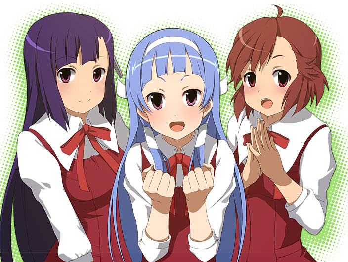 kyoku tou, aoba tsugumi, nagi, zange, kannagi, 00s, 3girls, :d, blue hair, blush, bow, bowtie, brown eyes, brown hair, clenched hands, hair tubes, long sleeves, looking at viewer, multiple girls, open mouth, red bow, red bowtie, school uniform, siblings, sisters, smile, upper body
