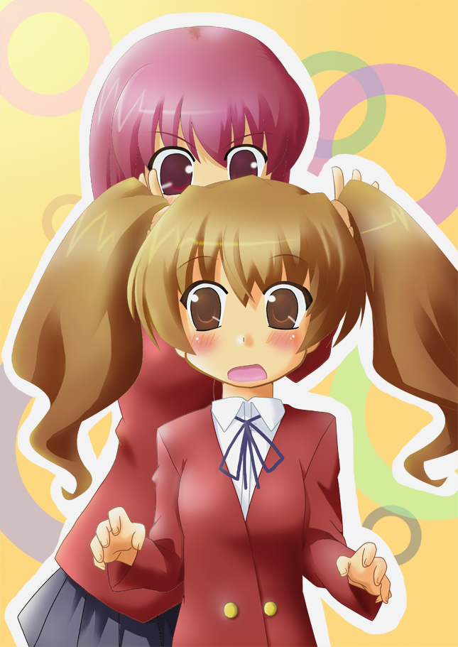 nisuki, aisaka taiga, kushieda minori, toradora!, 00s, alternate hairstyle, blush, brown eyes, brown hair, red eyes, red hair, school uniform, twintails