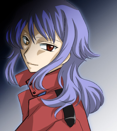 onyx (artist), anew returner, gundam, gundam 00, bad id, bad pixiv id, lowres, 00s, blue hair, jacket, purple hair, red eyes
