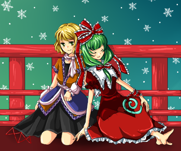 kagiyama hina, mizuhashi parsee, touhou, 2girls, arm warmers, barefoot, blonde hair, blush, closed eyes, dress, female focus, green eyes, green hair, knees, leaning, multiple girls, pointy ears, ribbon, scarf, short hair, sitting, skirt, smile, snow
