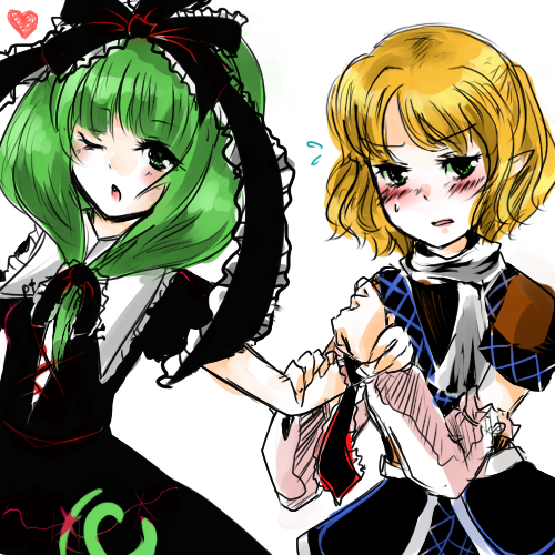 kagiyama hina, mizuhashi parsee, touhou, lowres, 2girls, arm warmers, blonde hair, blush, dress, female focus, front ponytail, green eyes, green hair, heart, holding hands, jealous, multiple girls, open mouth, pointy ears, ribbon, scarf, short hair, sweat, wink