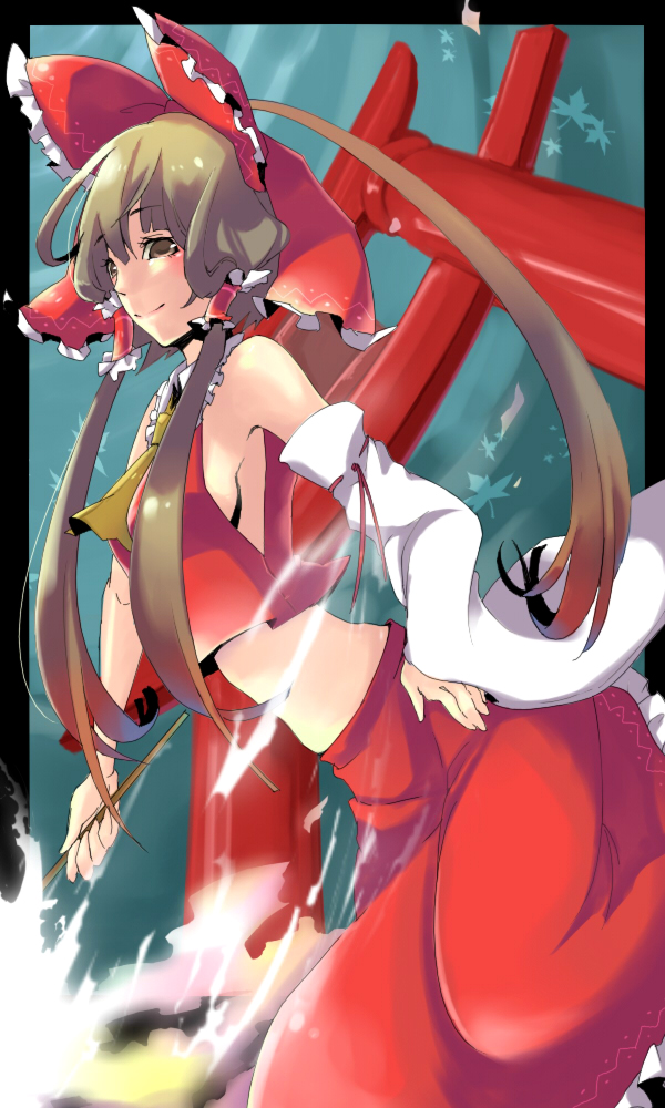 zen (pixiv), zen (raspberry), hakurei reimu, touhou, 1girl, bow, breasts, brown eyes, brown hair, detached sleeves, female focus, japanese clothes, midriff, miko, sideboob, skirt, solo