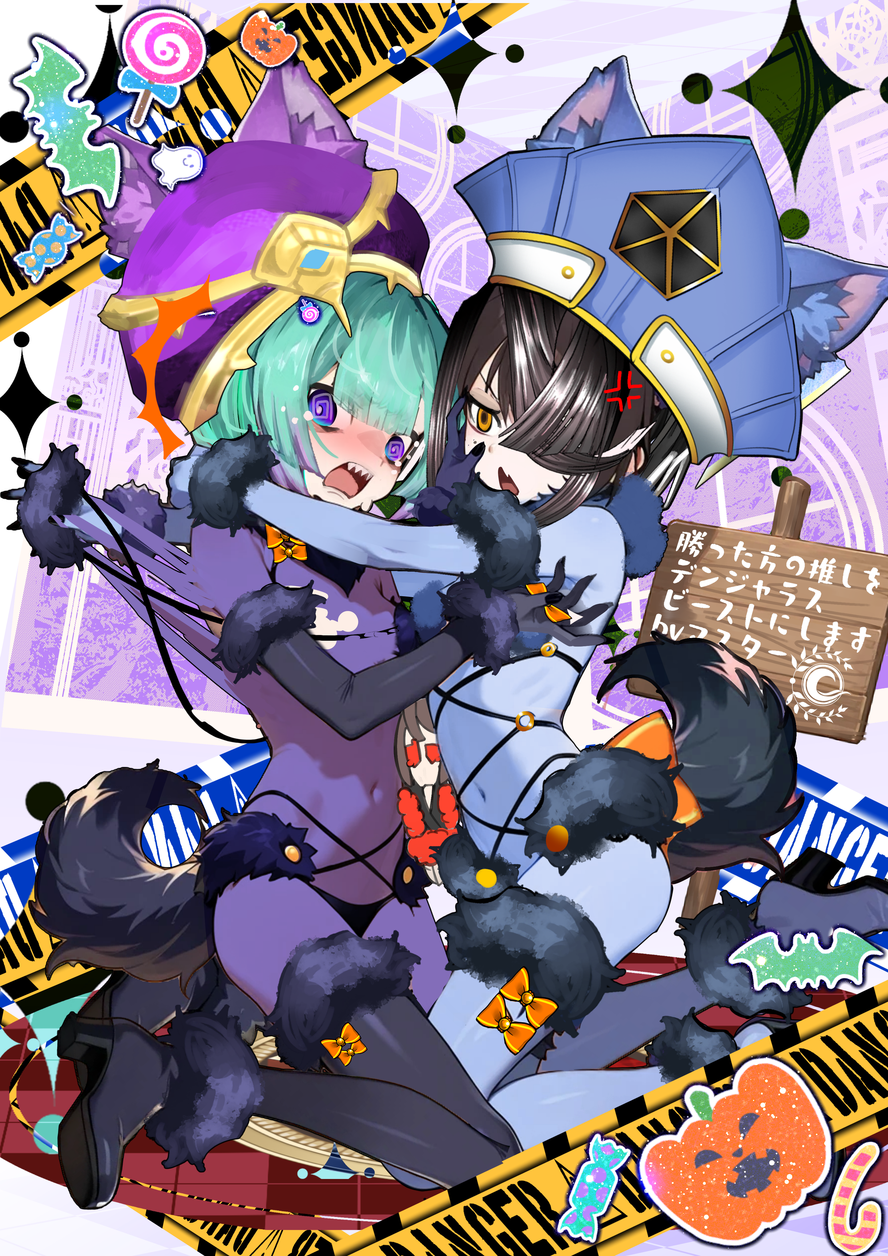 kitsunebi44410, locusta (fate), mash kyrielight, mash kyrielight (dangerous beast), xu fu (fate), fate/grand order, fate (series), absurdres, highres, translation request, 2girls, @ @, anger vein, animal ears, black gloves, black hair, black panties, black thighhighs, blue gloves, blue hat, blue thighhighs, blush, bodystocking, bow, breasts, brown eyes, covered navel, fur-trimmed gloves, fur-trimmed thighhighs, fur collar, fur trim, gloves, green hair, hair ornament, hair over one eye, hair stick, hat, looking at viewer, mole, mole under eye, multicolored hair, multiple girls, o-ring, open mouth, panties, purple eyes, purple hair, purple hat, sharp teeth, short hair, sign, small breasts, tail, teeth, thighhighs, torn clothes, two-tone hair, underwear, wolf ears, wolf tail