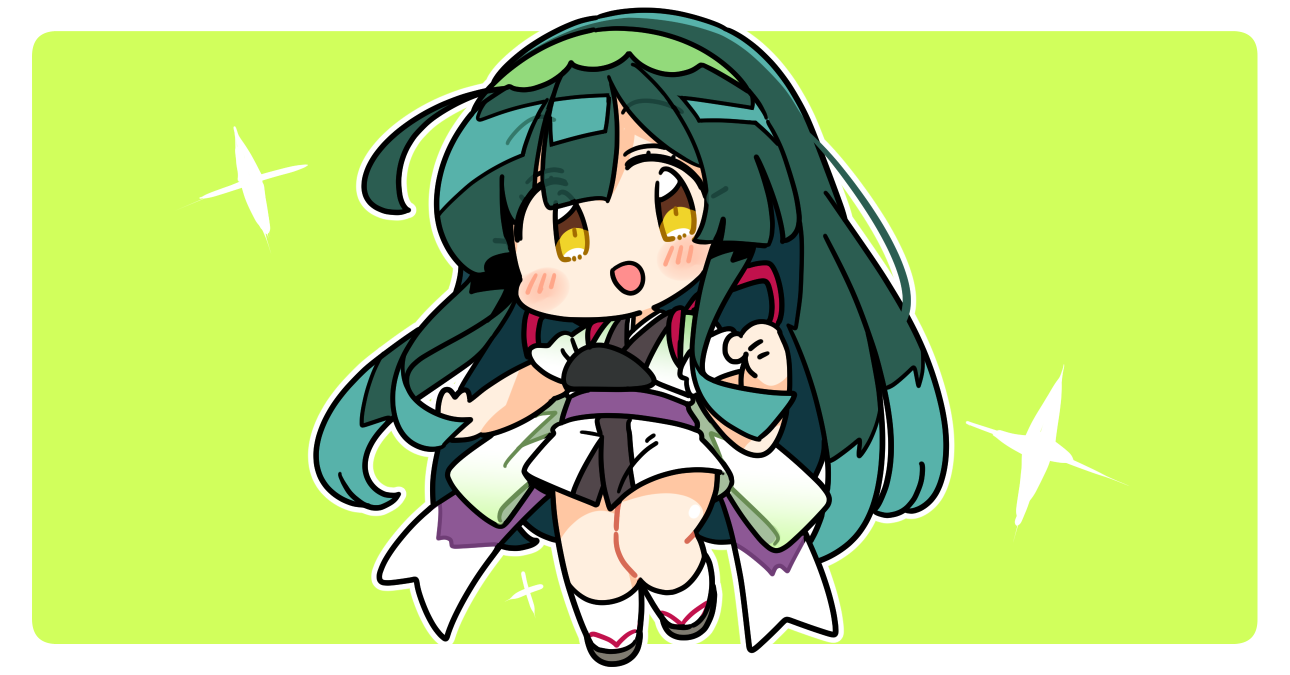 ini (inunabe00), touhoku zunko, voiceroid, 1girl, :d, ahoge, blush, border, chibi, chibi only, full body, green hair, green hairband, grey sandals, hairband, hand up, japanese clothes, kimono, long hair, looking at viewer, obi, open mouth, outline, outside border, purple sash, sandals, sash, short sleeves, simple background, smile, socks, solo, standing, tabi, white border, white kimono, white outline, white socks, yellow eyes