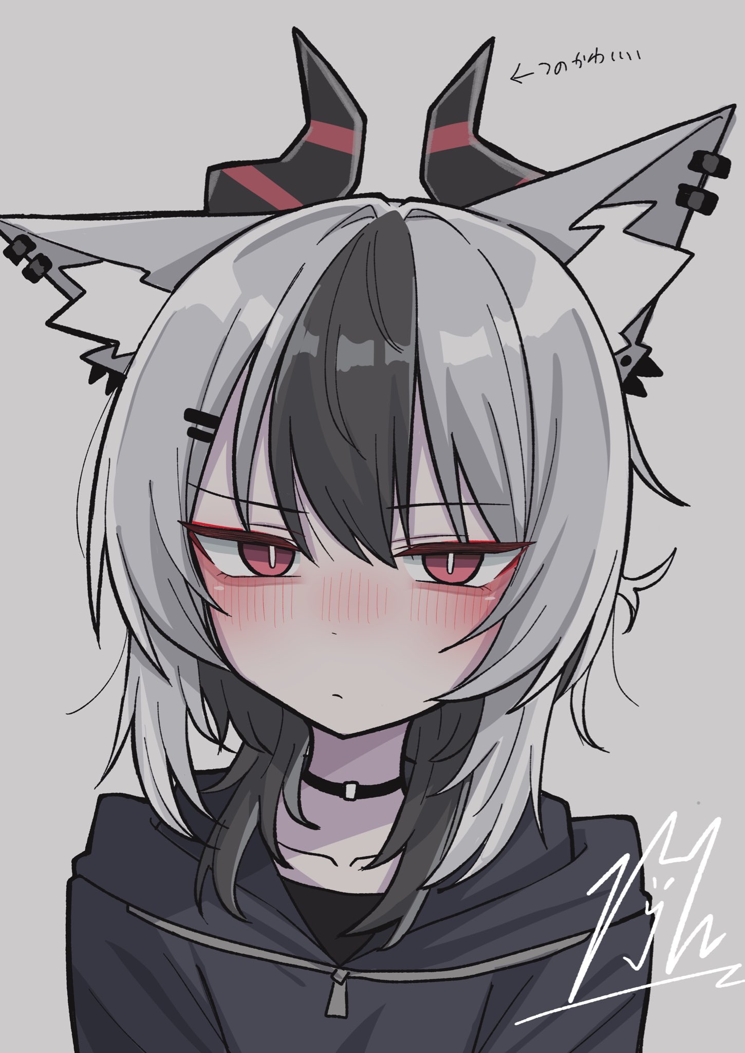 nyanzai-sensei, kayoko (blue archive), blue archive, highres, animal ear fluff, animal ear piercing, animal ears, black choker, black hair, black hoodie, black skirt, bright pupils, choker, hood, hoodie, light blush, long hair, looking at viewer, multicolored hair, red eyes, skirt, white hair, white pupils, wolf cut, wolf ears