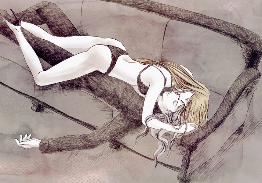 ren mizuha, celes chere, setzer gabbiani, final fantasy, final fantasy vi, bad id, bad pixiv id, 1990s (style), 1boy, 1girl, ass, blonde hair, bra, closed eyes, couch, hetero, high heels, kiss, legs, lingerie, long hair, panties, shoes, thong, underwear, underwear only