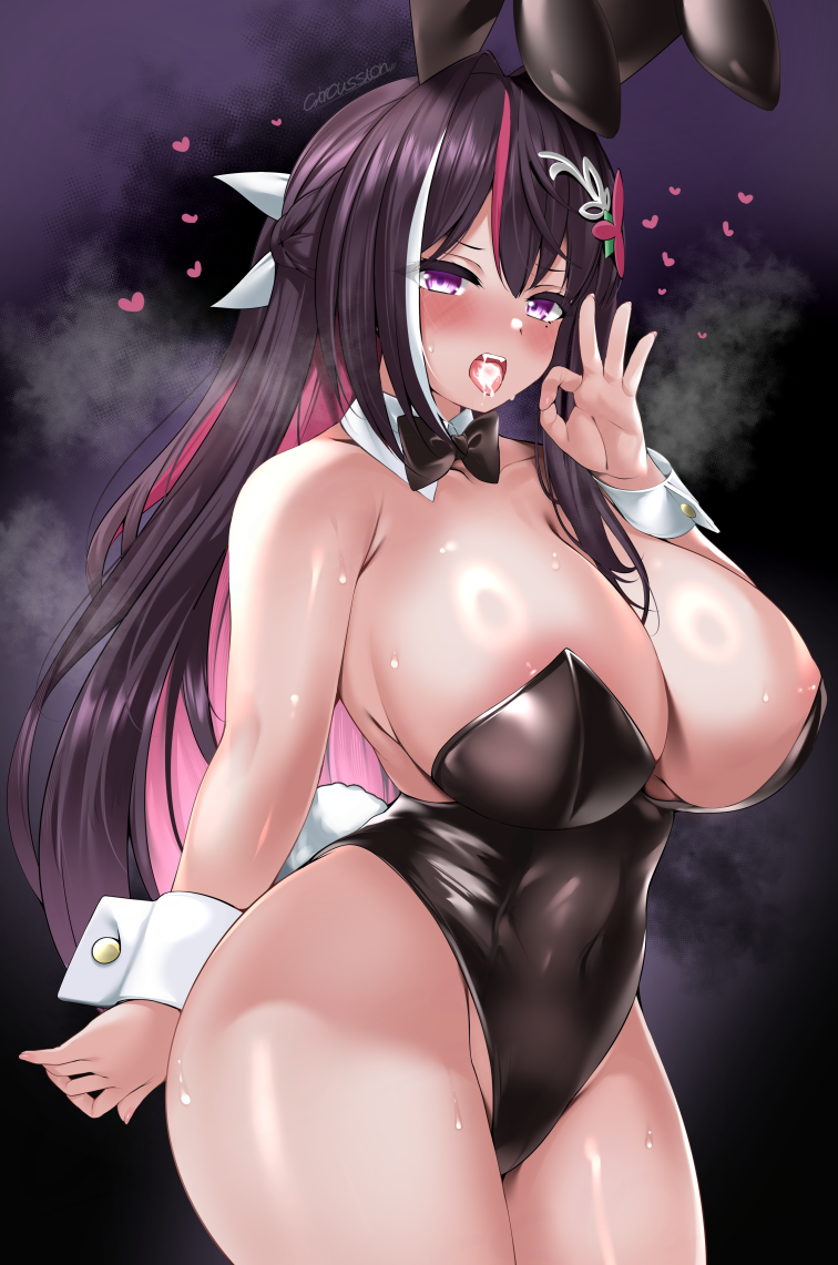 circussion, azki (hololive), hololive, commentary, 1girl, animal ears, areola slip, artist name, bare shoulders, black bow, black bowtie, black leotard, blush, bow, bowtie, breasts, cleavage, collar, collarbone, covered navel, cum, cum in mouth, cum on tongue, detached collar, fang, fingernails, hair intakes, hair ornament, hair ribbon, hairclip, half updo, huge breasts, leotard, long hair, looking at viewer, mole, mole under eye, multicolored hair, open mouth, pink eyes, pink hair, playboy bunny, purple background, rabbit ears, rabbit tail, ribbon, shiny skin, signature, solo, steaming body, strapless, strapless leotard, streaked hair, sweat, tail, teeth, thighs, tongue, tongue out, upper teeth only, virtual youtuber, white collar, white hair, white ribbon, white tail, white wrist cuffs, wrist cuffs