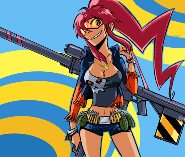 captainosaka, yoko littner, double k, tengen toppa gurren lagann, visor, bad deviantart id, bad id, 00s, 1girl, breasts, cleavage, cowboy shot, female focus, large breasts, midriff, orange-tinted eyewear, orange-tinted glasses, red hair, short shorts, shorts, solo, sunglasses, thighhighs, tinted eyewear