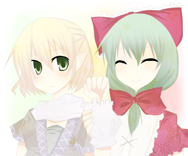 kagiyama hina, mizuhashi parsee, touhou, arm grab, 2girls, blonde hair, blush, female focus, frills, front ponytail, green eyes, green hair, holding another's arm, multiple girls, pointy ears, short hair