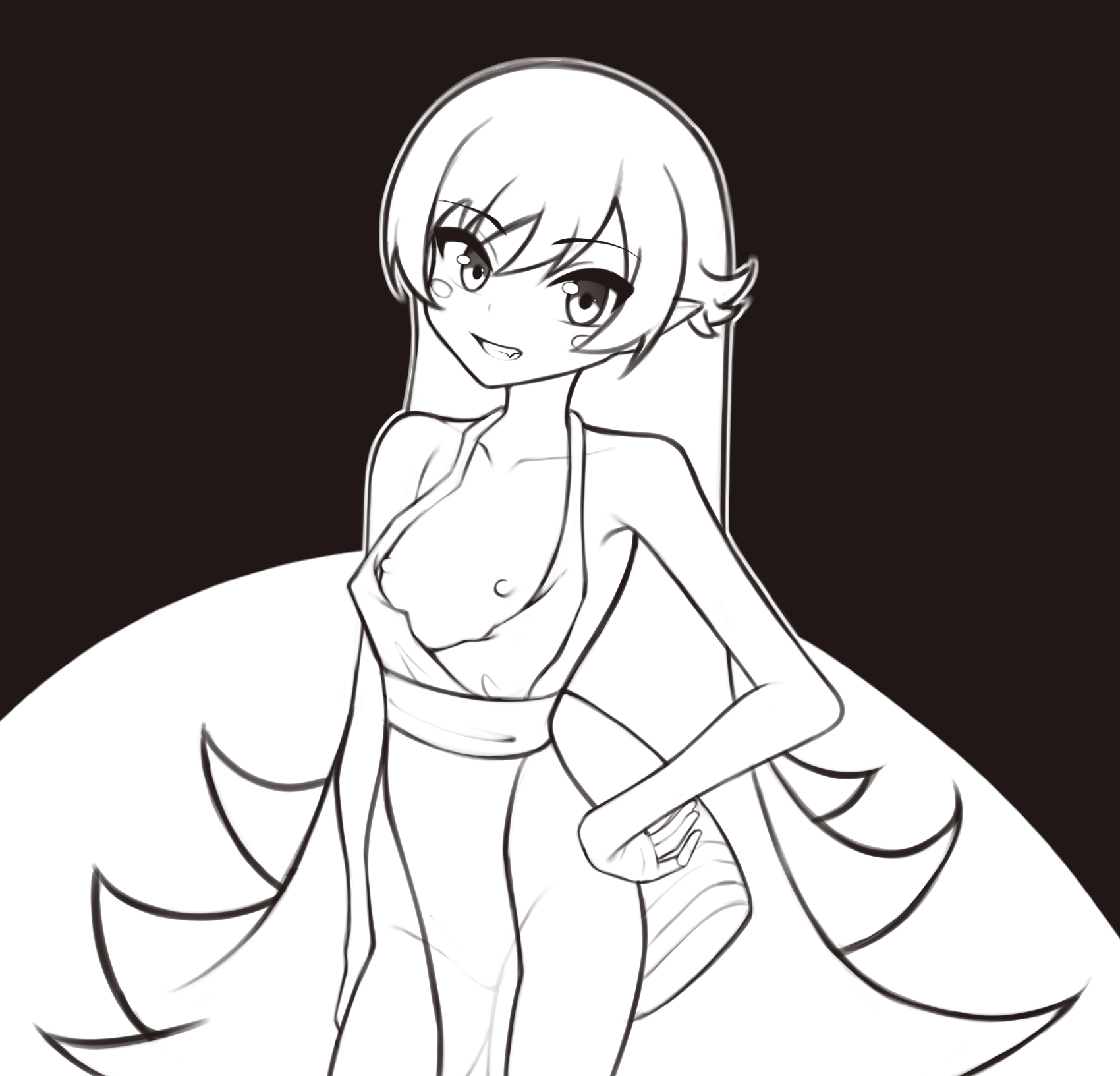 moriforests, oshino shinobu, monogatari (series), highres, 1girl, bare shoulders, black background, blush stickers, cowboy shot, dress, fang, flat chest, greyscale, groin, long hair, monochrome, nipples, smile, solo, teeth, white background