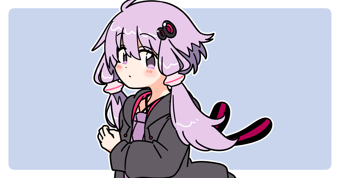 ini (inunabe00), yuzuki yukari, vocaloid, voiceroid, 1girl, black hoodie, blue background, blush, border, closed mouth, criss-cross halter, dress, hair between eyes, hair ornament, halter dress, halterneck, hood, hood down, hoodie, long sleeves, looking at viewer, open clothes, open hoodie, outline, outside border, purple dress, purple eyes, purple hair, short hair with long locks, simple background, solo, upper body, white border, white outline
