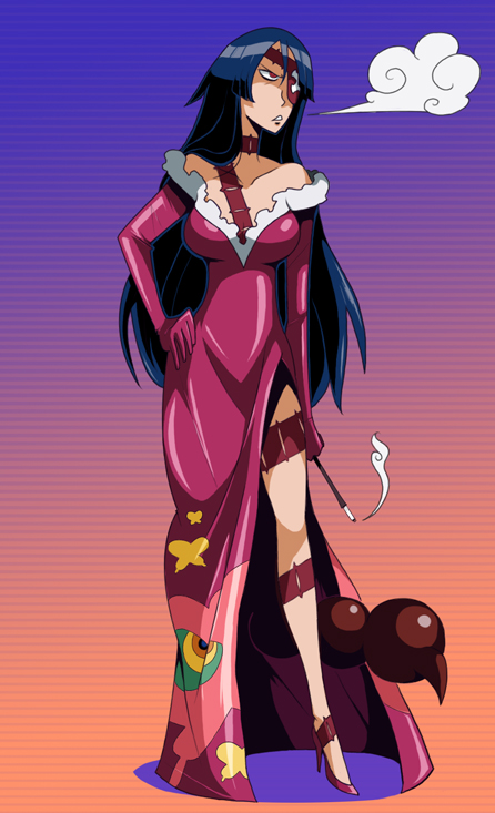 captainosaka, adiane, double k, tengen toppa gurren lagann, bad deviantart id, bad id, 00s, 1girl, blue hair, cigarette, cigarette holder, dress, eyepatch, female focus, full body, high heels, long hair, scorpion tail, shoes, smoke, smoking, solo, standing, tail