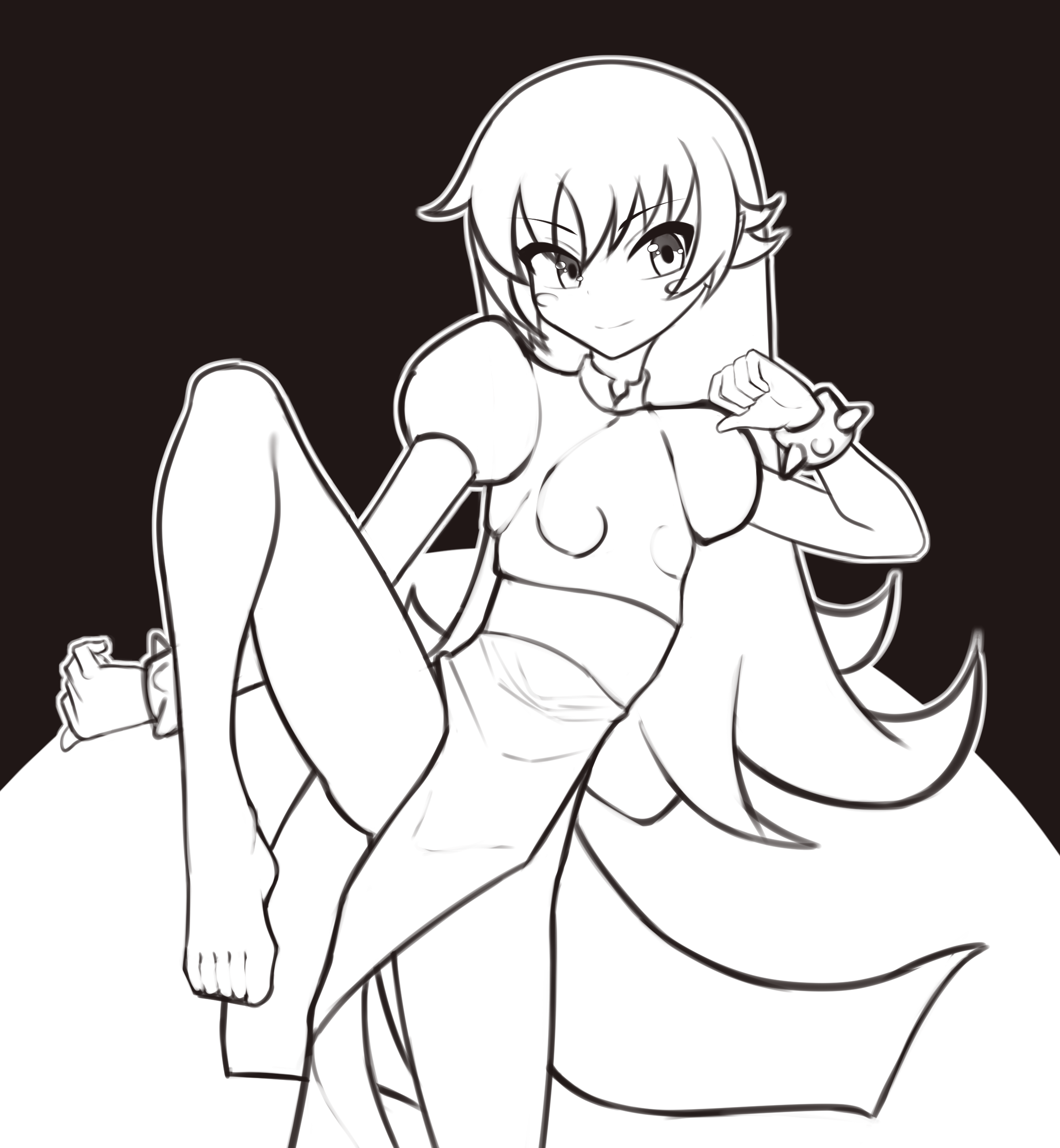 moriforests, oshino shinobu, monogatari (series), absurdres, highres, 1girl, barefoot, black background, blush stickers, bracelet, breasts, dress, greyscale, hand up, jewelry, long hair, monochrome, puffy short sleeves, puffy sleeves, short sleeves, simple background, small breasts, smile, solo, spiked bracelet, spikes, white background