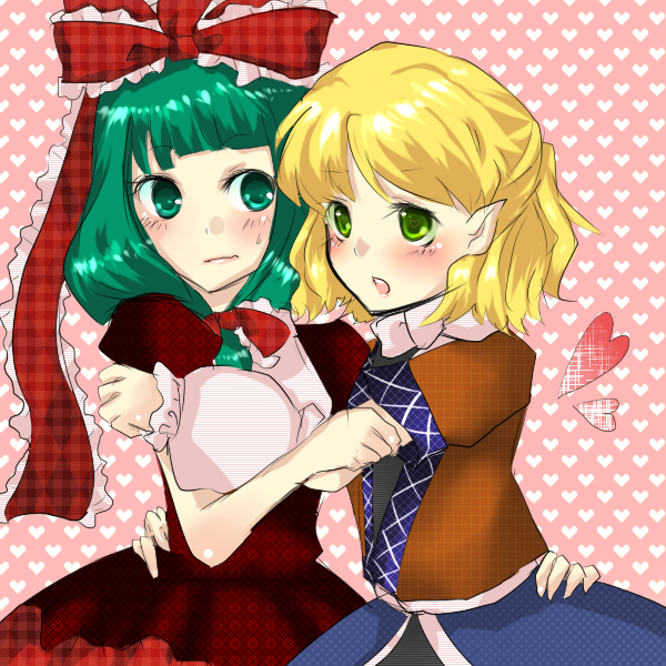 kagiyama hina, mizuhashi parsee, touhou, 2girls, arm warmers, blonde hair, blush, dress, female focus, frills, front ponytail, green eyes, green hair, half updo, heart, heart background, hug, multiple girls, pink background, pointy ears, ribbon, scarf, short hair