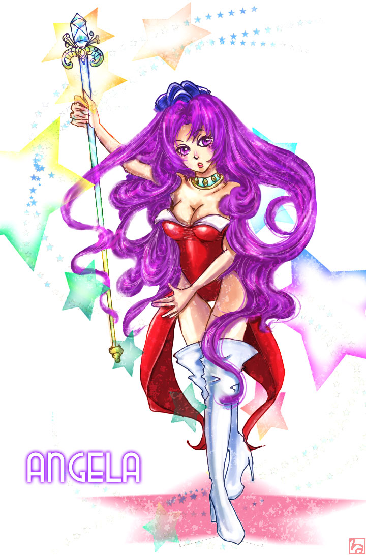 rumoi, angela (seiken densetsu 3), seiken densetsu, seiken densetsu 3, square enix, bad id, bad pixiv id, 1girl, boots, breasts, cleavage, crown, jewelry, large breasts, leotard, long hair, magic, necklace, purple eyes, purple hair, red leotard, staff, thigh boots, thigh gap, thighhighs, thighs, very long hair