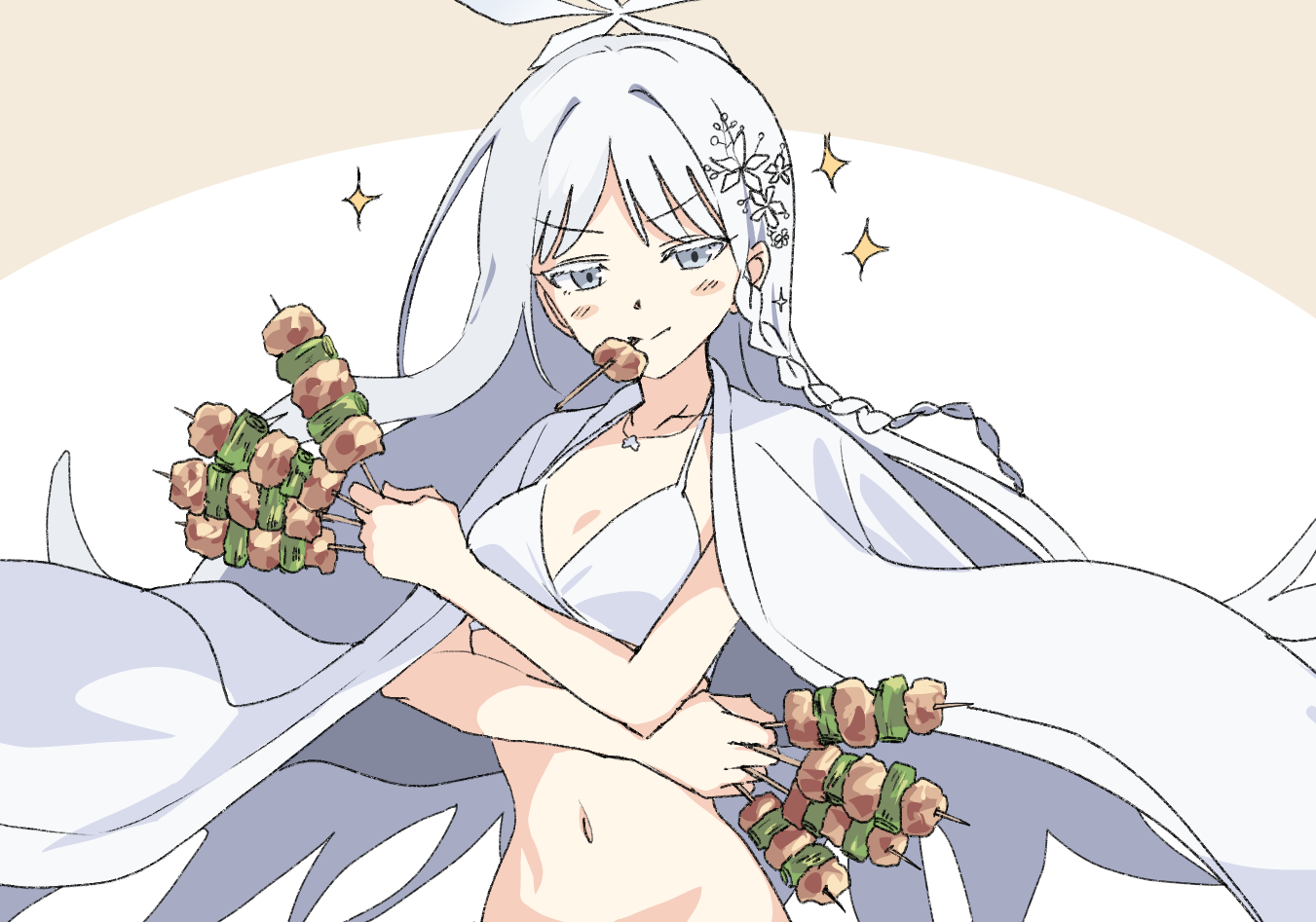 momomatang, nagusa (blue archive), nagusa (swimsuit) (blue archive), blue archive, commentary request, >:), 1girl, bikini, blush stickers, braid, closed mouth, collarbone, colored eyelashes, doyagao, dual wielding, floating hair, food, grey eyes, hair between eyes, hair ornament, halo, halterneck, haori, haori on shoulders, holding, holding food, holding skewer, japanese clothes, long hair, looking at viewer, navel, simple background, single braid, skewer, smile, smug, snowflake hair ornament, snowflake halo, solo, sparkle, split mouth, stomach, swimsuit, tsurime, upper body, v-shaped eyebrows, very long hair, white background, white bikini, white eyelashes, white hair, white halo, white haori, yakitori