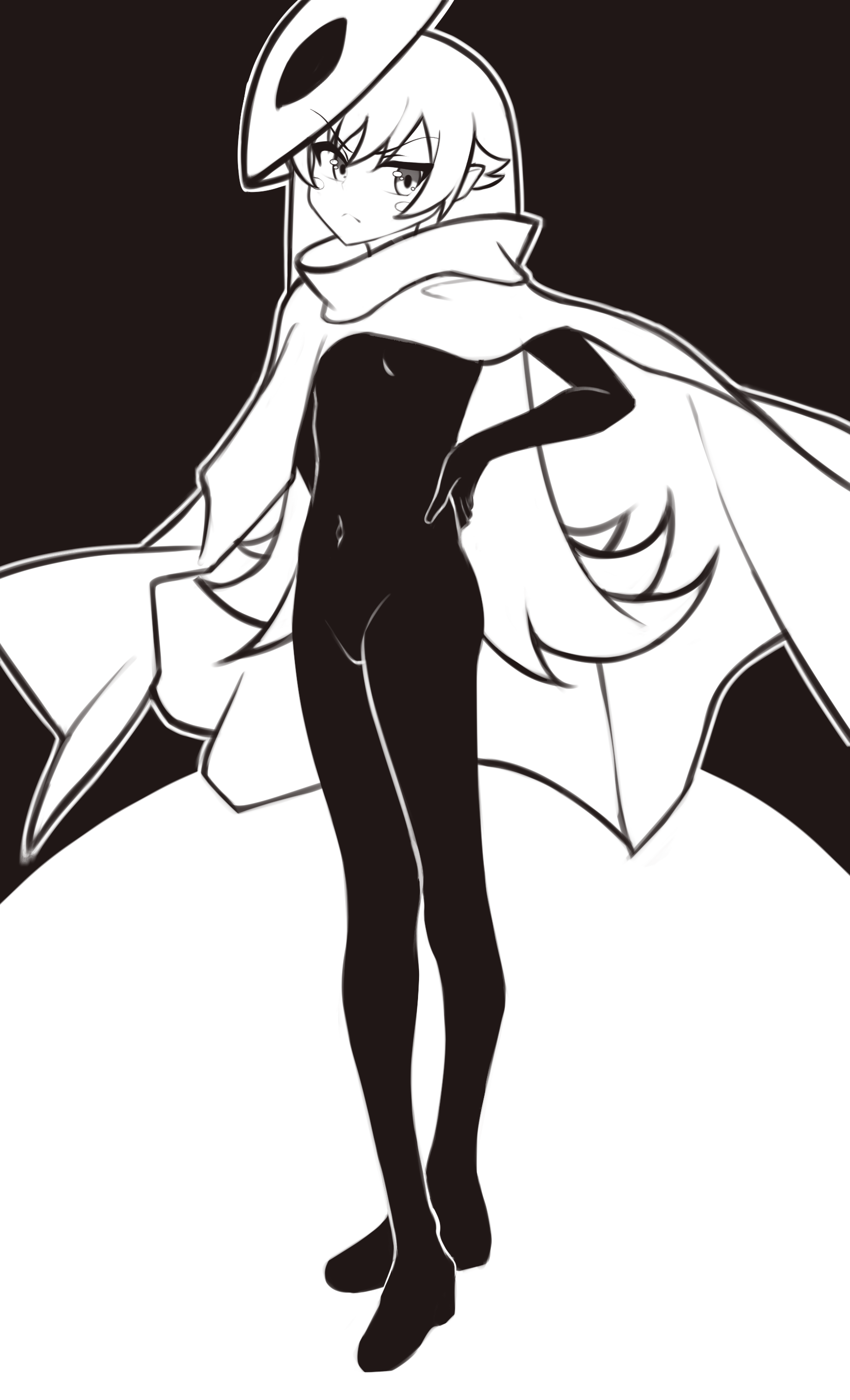 moriforests, hornet (hollow knight), oshino shinobu, hollow knight, hollow knight: silksong, monogatari (series), absurdres, highres, 1girl, black background, bodysuit, cape, cosplay, covered navel, full body, greyscale, hornet (hollow knight) (cosplay), mask, mask on head, monochrome, simple background, solo, standing, white background