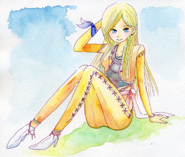 terryterry, celes chere, final fantasy, final fantasy vi, 1990s (style), 1girl, ass, blonde hair, blue eyes, detached sleeves, female focus, full body, jacket, long hair, outdoors, sitting, sky, smile, solo