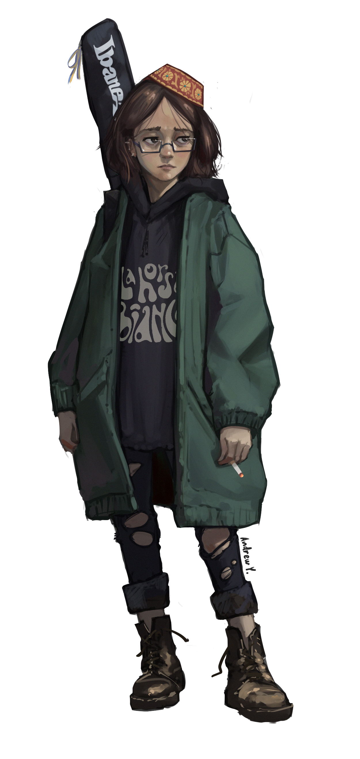 andrew y, original, absurdres, highres, 1girl, baggy clothes, black-framed eyewear, black hoodie, brown hair, casual, cigarette, crimean tatar, dark skin, embroidery, expressionless, fez hat, full body, glasses, guitar case, hat, holding, holding cigarette, hood, hoodie, instrument case, looking to the side, messy hair, oversized clothes, oversized jacket, pants, semi-rimless eyewear, shefika (usergore), simple background, solo, torn clothes, torn pants, white background