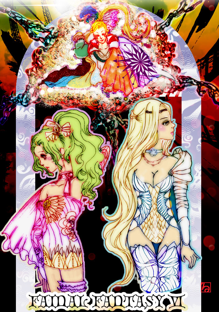 rumoi, cefca palazzo, celes chere, tina branford, final fantasy, final fantasy vi, bad id, bad pixiv id, 1990s (style), 1boy, 2girls, blonde hair, blush, breasts, choker, cleavage, english text, engrish text, green hair, grey eyes, large breasts, long hair, medium breasts, multiple girls, ponytail, ranguage, thighhighs