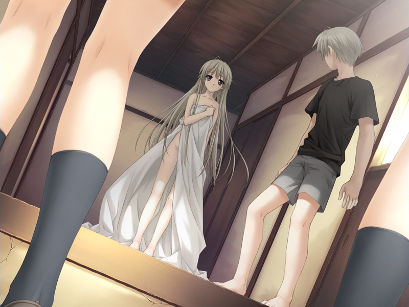 hashimoto takashi, kasugano haruka, kasugano sora, yosuga no sora, black legwear, game cg, 1boy, 1girl, barefoot, bed sheet, black shirt, brother and sister, covering privates, kneepits, legs, long hair, long legs, naked sheet, nude, nude cover, shirt, short hair, shorts, siblings, socks, standing, t-shirt, thighs, twins, white hair, wrapped in sheets