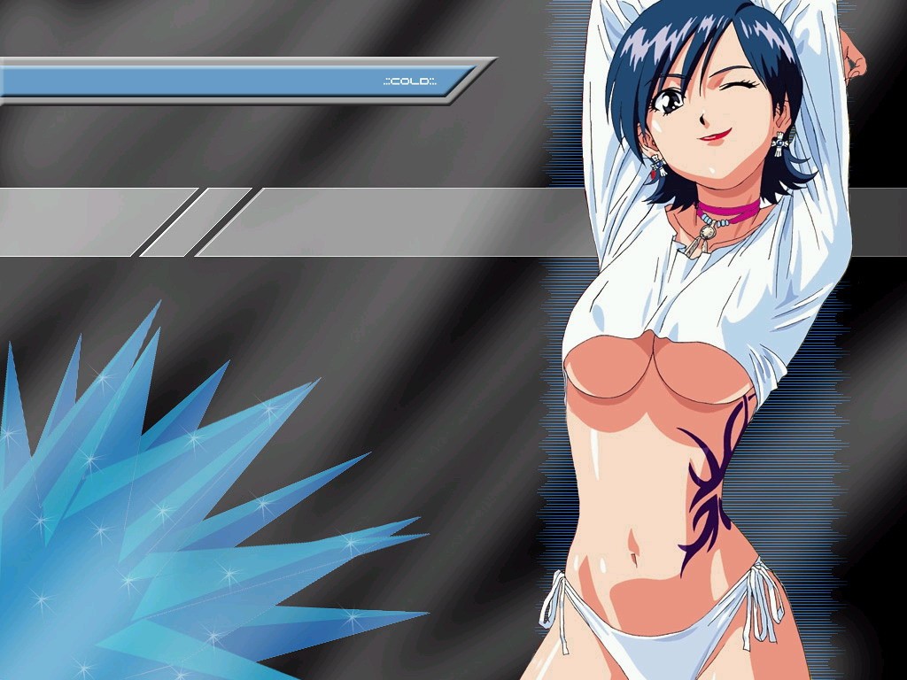 miki (viper), viper (series), viper ctr, viper v10, 1girl, arms up, blue hair, breasts, earrings, female focus, jewelry, large breasts, lipstick, makeup, necklace, no bra, one eye closed, panties, shirt, short hair, side-tie panties, smile, solo, stretching, tattoo, underboob, underwear, white panties, wink