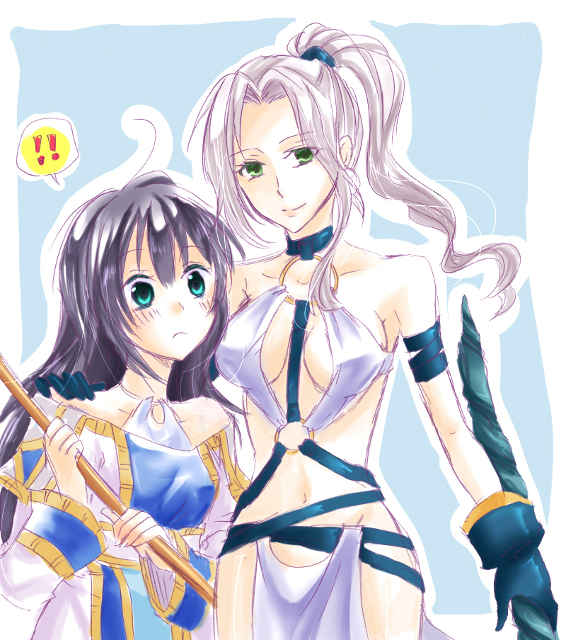 nagonmaou, jeane (suikoden), viki, viki (suikoden), gensou suikoden, gensou suikoden iv, silver hair, bad id, bad pixiv id, 2girls, black hair, blue eyes, blush, breasts, cleavage, dress, gloves, green eyes, long hair, multiple girls, ponytail, revealing clothes, smile, staff