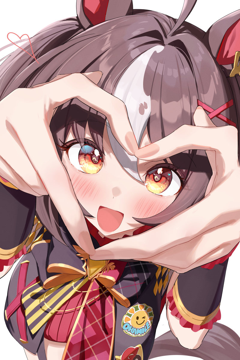 saboten mushi, gran alegria (smile my way!) (umamusume), gran alegria (umamusume), umamusume, commentary request, highres, 1girl, animal ears, blush, brown eyes, brown hair, brown tail, four-finger heart hands, hair between eyes, heart, heart hands, horse ears, horse girl, horse tail, looking at viewer, open mouth, smile, solo, tail, white streaks