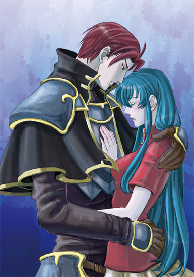 aozora kyuuji, eirika (fire emblem), seth (fire emblem), fire emblem, fire emblem: the sacred stones, nintendo, 1boy, 1girl, armor, blue hair, blush, closed eyes, couple, gloves, hand on another's chest, hand on another's shoulder, hetero, hug, long hair, pauldrons, princess, red hair, short hair, shoulder armor, sidelocks, skirt