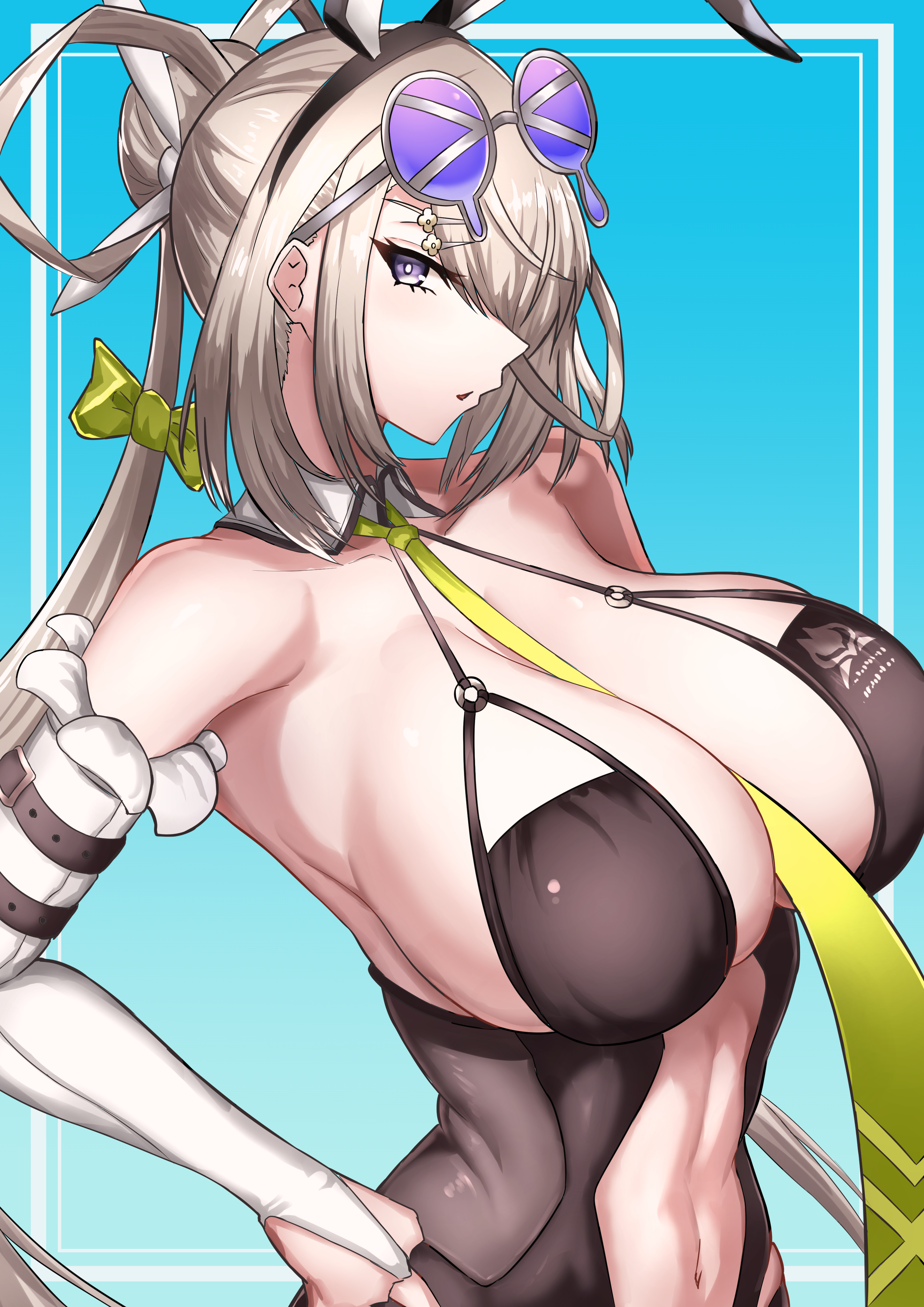 kiteno kiten, huyan zhuo (fate), huyan zhuo (swimsuit berserker) (fate), fate/grand order, fate (series), absurdres, highres, 1girl, animal ears, bare shoulders, black one-piece swimsuit, blush, breasts, bridal gauntlets, cleavage, detached collar, detached sleeves, eyewear on head, fake animal ears, grey eyes, grey hair, hair between eyes, hair ornament, hair rings, hairclip, highleg, highleg one-piece swimsuit, large breasts, long hair, looking at viewer, low twintails, navel, necktie, one-piece swimsuit, plunging neckline, solo, sunglasses, swimsuit, twintails, very long hair