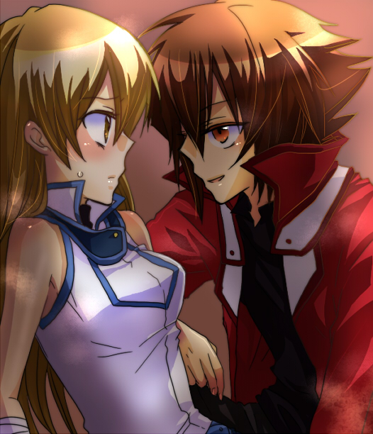 nagonmaou, tenjouin asuka, yuki judai, yu-gi-oh!, yu-gi-oh! gx, bad id, bad pixiv id, 1boy, 1girl, blush, brown eyes, brown hair, duel academy uniform (yu-gi-oh! gx), long hair, obelisk blue uniform, osiris red uniform, pairing, school uniform, sweatdrop