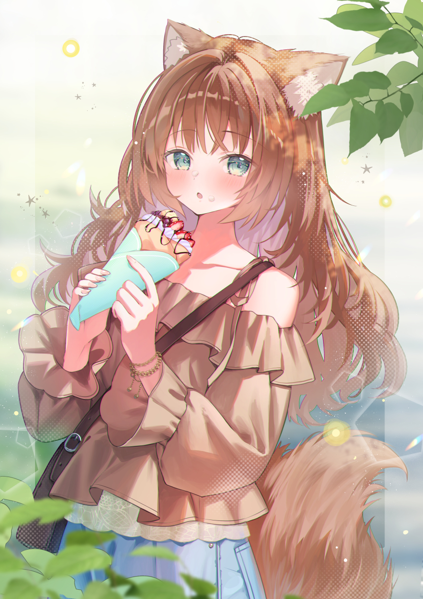 07touka25, original, commentary request, highres, 1girl, :o, animal ear fluff, animal ears, bag, bare shoulders, blue skirt, blush, brown bag, brown hair, brown shirt, collarbone, cowboy shot, crepe, food, fox ears, fox girl, fox tail, green eyes, holding, holding food, long hair, long sleeves, looking at viewer, off-shoulder shirt, off shoulder, open mouth, shirt, shoulder bag, skirt, solo, tail