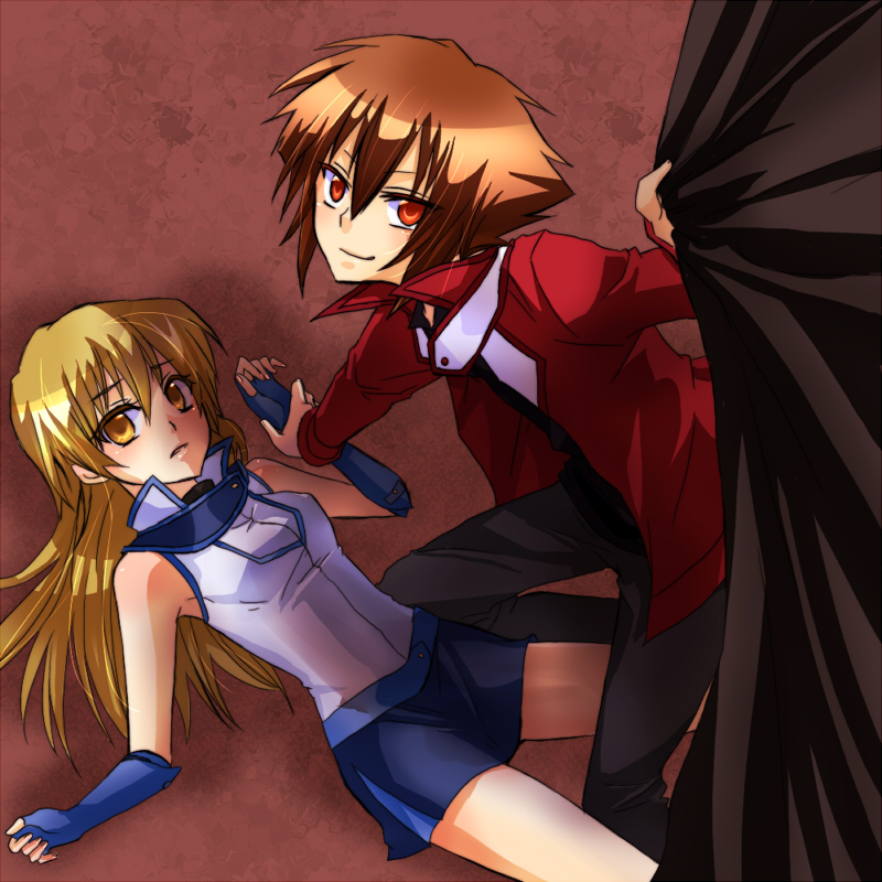 nagonmaou, tenjouin asuka, yuki judai, yu-gi-oh!, yu-gi-oh! gx, bad id, bad pixiv id, 1boy, 1girl, blush, brown eyes, brown hair, curtains, duel academy uniform (yu-gi-oh! gx), fingerless gloves, gloves, holding another's wrist, long hair, obelisk blue uniform, osiris red uniform, pairing, school uniform, skirt, you gonna get raped