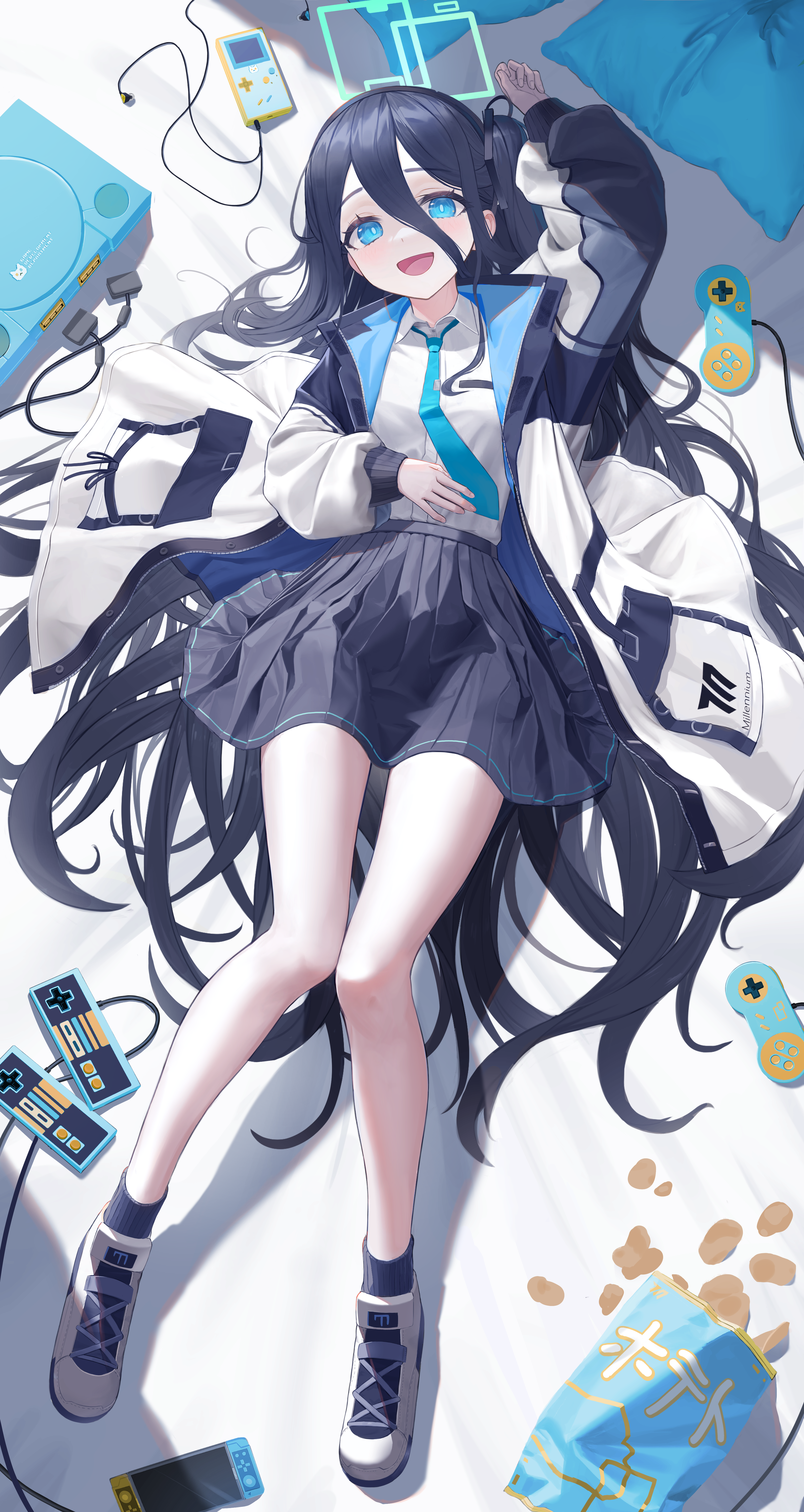 aris (blue archive), blue archive, absurdres, commentary, highres, 1girl, :d, aqua halo, arm up, bag of chips, bed sheet, bhn097, black hair, black hairband, black jacket, black skirt, black socks, blue eyes, blue jacket, blue necktie, bright pupils, cable, chips (food), collared shirt, controller, curled fingers, double-parted bangs, earphones, earphones removed, famicom gamepad, food, from above, full body, game boy, game boy color, game console, game controller, hair between eyes, hair spread out, hairband, halo, hand on own stomach, handheld game console, jacket, knees together feet apart, legs, long bangs, long hair, long hair between eyes, long sleeves, looking at viewer, lying, multicolored jacket, necktie, nintendo switch, on back, on bed, one side up, open clothes, open jacket, open mouth, pillow, playstation 1, pleated skirt, potato chips, puffy long sleeves, puffy sleeves, rectangular halo, school uniform, shadow, shirt, shirt tucked in, shoes, sidelocks, skirt, smile, sneakers, socks, solo, super nintendo controller, tie clip, two-sided fabric, two-sided jacket, unzipped, very long hair, white jacket, white shirt, white shoes, zipper