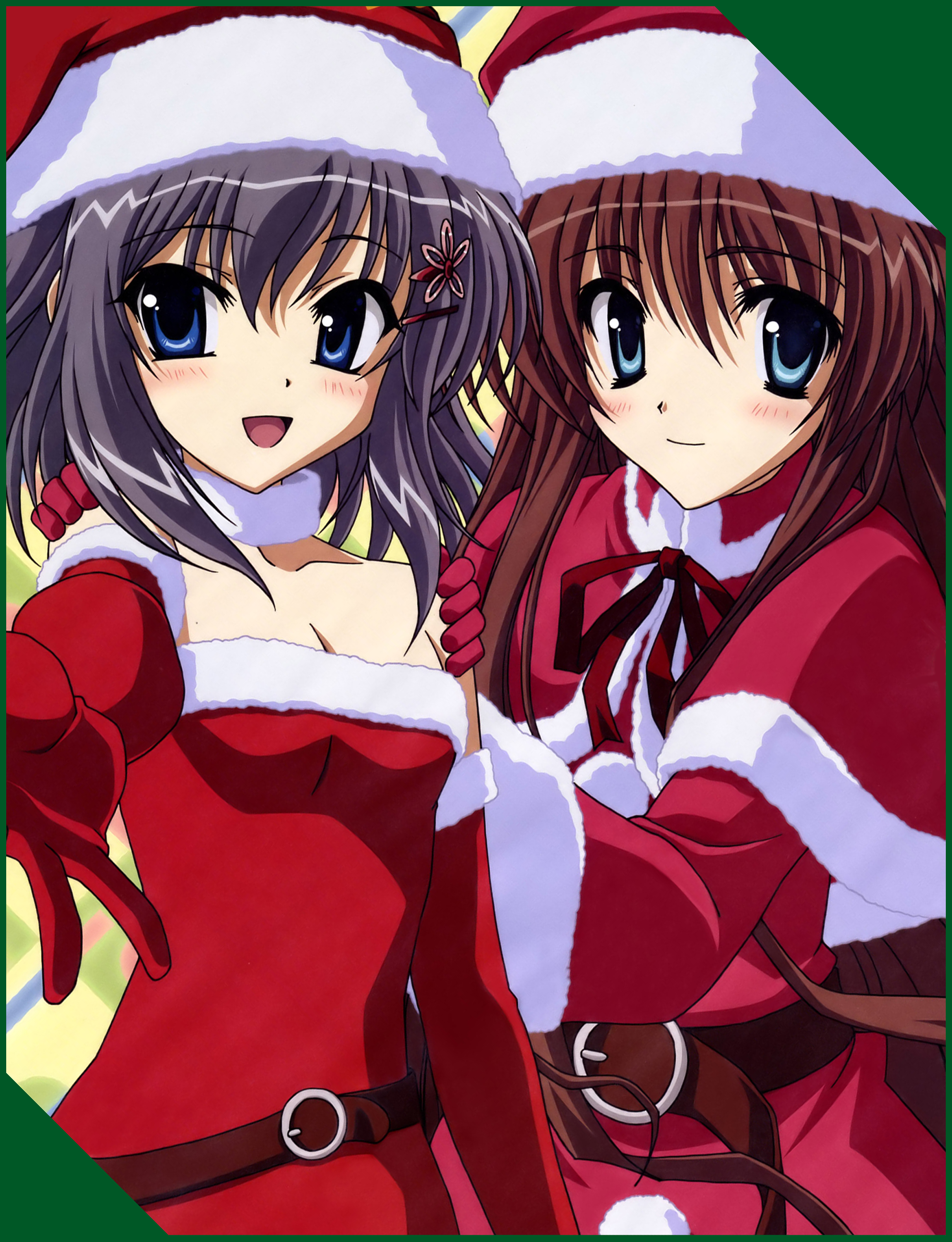 yanagi shinsuke, katagiri yuuhi, nagase minato, akane-iro ni somaru saka, absurdres, highres, jpeg artifacts, 2girls, belt, blue eyes, blush, breasts, choker, christmas, cleavage, dress, elbow gloves, flat chest, gloves, grey hair, hair ornament, hairclip, hat, hug, long hair, multiple girls, outstretched arm, outstretched hand, reaching, red gloves, red hair, santa costume, santa hat, small breasts, smile, very long hair