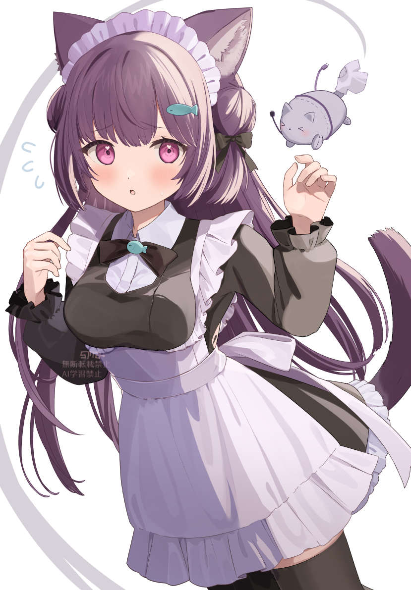 goma (u p), original, commentary request, 1girl, :o, animal ear fluff, animal ears, apron, black bow, black bowtie, black dress, black thighhighs, blush, bow, bowtie, breasts, cat ears, cat girl, cat tail, cowboy shot, double bun, dress, fish hair ornament, flying sweatdrops, frilled apron, frilled dress, frills, hair bow, hair bun, hair ornament, hands up, long hair, long sleeves, looking at viewer, maid, maid headdress, medium breasts, open mouth, pink eyes, purple hair, simple background, solo, tail, thighhighs, watermark, white apron, white background