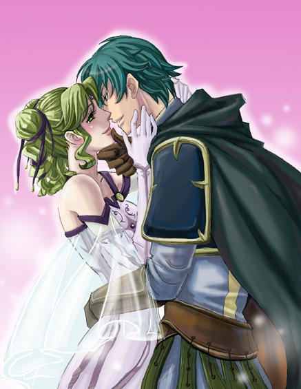 aozora kyuuji, ephraim (fire emblem), l'arachel (fire emblem), fire emblem, fire emblem: the sacred stones, nintendo, 1boy, 1girl, aqua eyes, aqua hair, blush, cape, couple, curly hair, double bun, dress, elbow gloves, gloves, grabbing another's chin, green eyes, green hair, hair bun, hand on another's face, hetero, hug, imminent kiss, kiss, prince, princess, veil