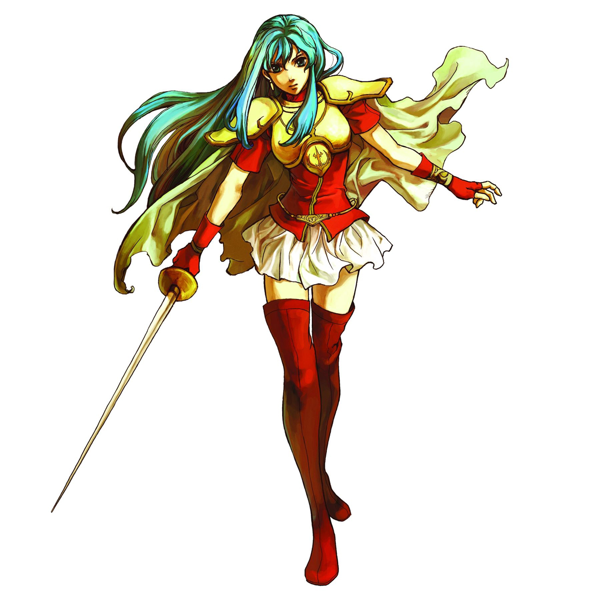 eirika (fire emblem), fire emblem, fire emblem: the sacred stones, nintendo, highres, official art, 1girl, armor, blue eyes, blue hair, boots, cape, female focus, fingerless gloves, full body, gloves, long hair, princess, skirt, solo, standing, sword, thigh boots, thighhighs, weapon, zettai ryouiki