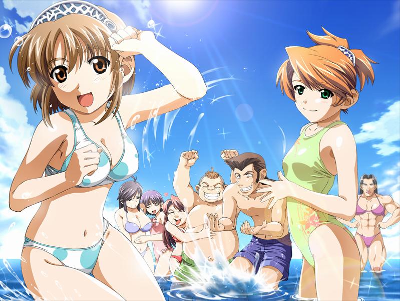 katakura shinji, aozora haruka, kamoike ran, edelweiss, game cg, 2boys, 6+girls, bikini, day, everyone, haruka aozora, hug, multiple boys, multiple girls, muscular, ocean, ran kamoike, swimsuit, water, wet