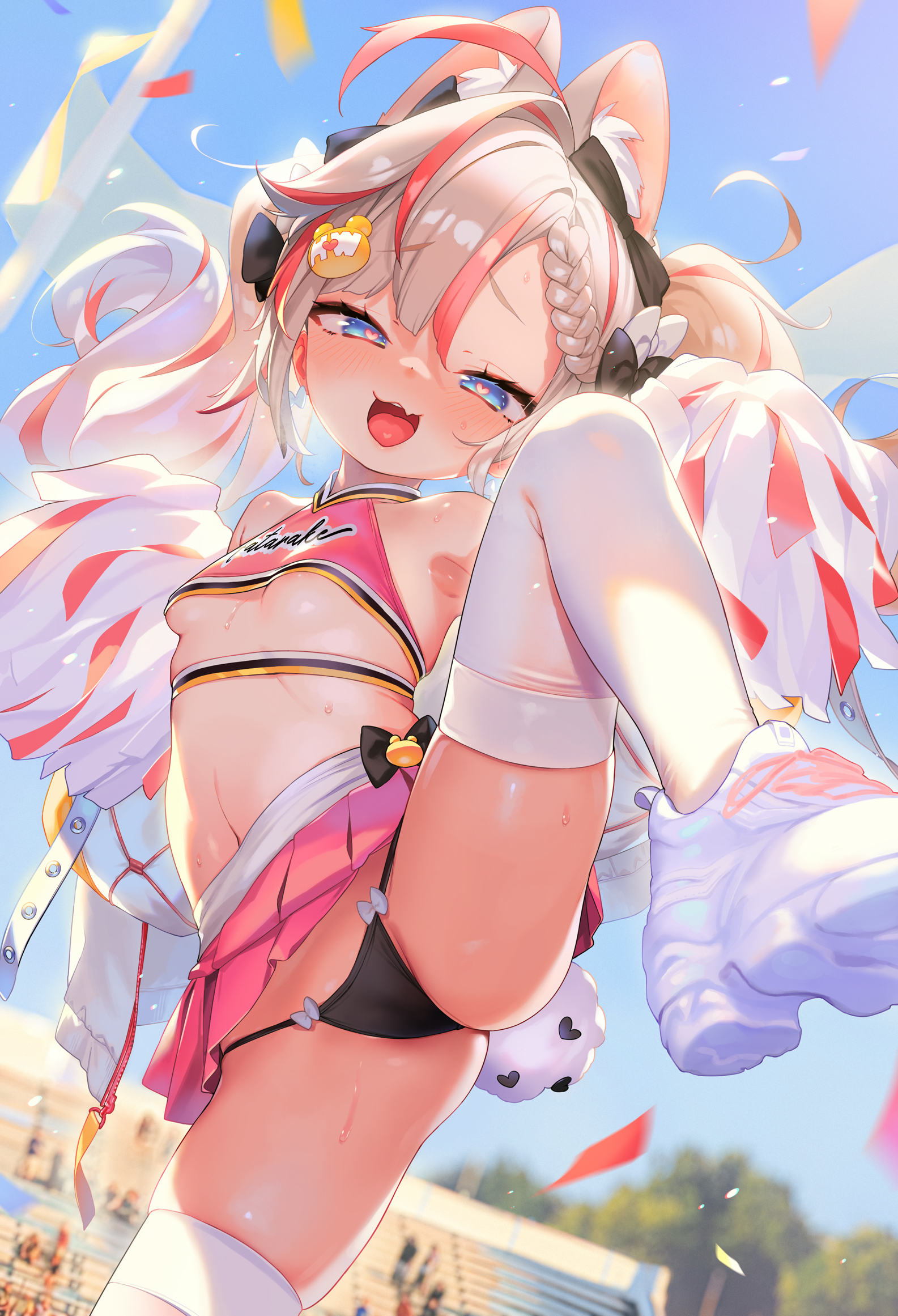 henreader, original, highres, 1girl, ahoge, animal ear fluff, animal ears, armpits, arms up, ass, black panties, blue eyes, blush, braid, breasts, cameltoe, cheerleader, confetti, crop top, fang, heart, heart in eye, leg lift, leg up, legs, long hair, looking at viewer, microskirt, multicolored hair, naughty face, navel, open mouth, outdoors, panties, pink shirt, pink skirt, pleated skirt, pom pom (cheerleading), rabbit ears, rabbit girl, rabbit tail, red hair, shirt, shoes, skirt, sleeveless, sleeveless shirt, small breasts, smile, solo, spread legs, standing, standing on one leg, stomach, streaked hair, symbol in eye, tail, thighhighs, thighs, twintails, two-tone hair, underboob, underwear, white hair, white shoes, white thighhighs