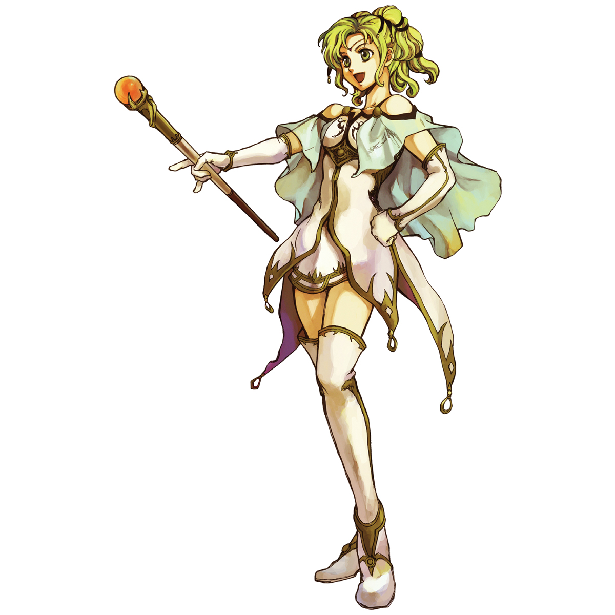 l'arachel (fire emblem), fire emblem, fire emblem: the sacred stones, nintendo, highres, official art, cape, elbow gloves, gloves, green eyes, green hair, open mouth, ponytail, princess, skirt, smile, staff, thighhighs, zettai ryouiki