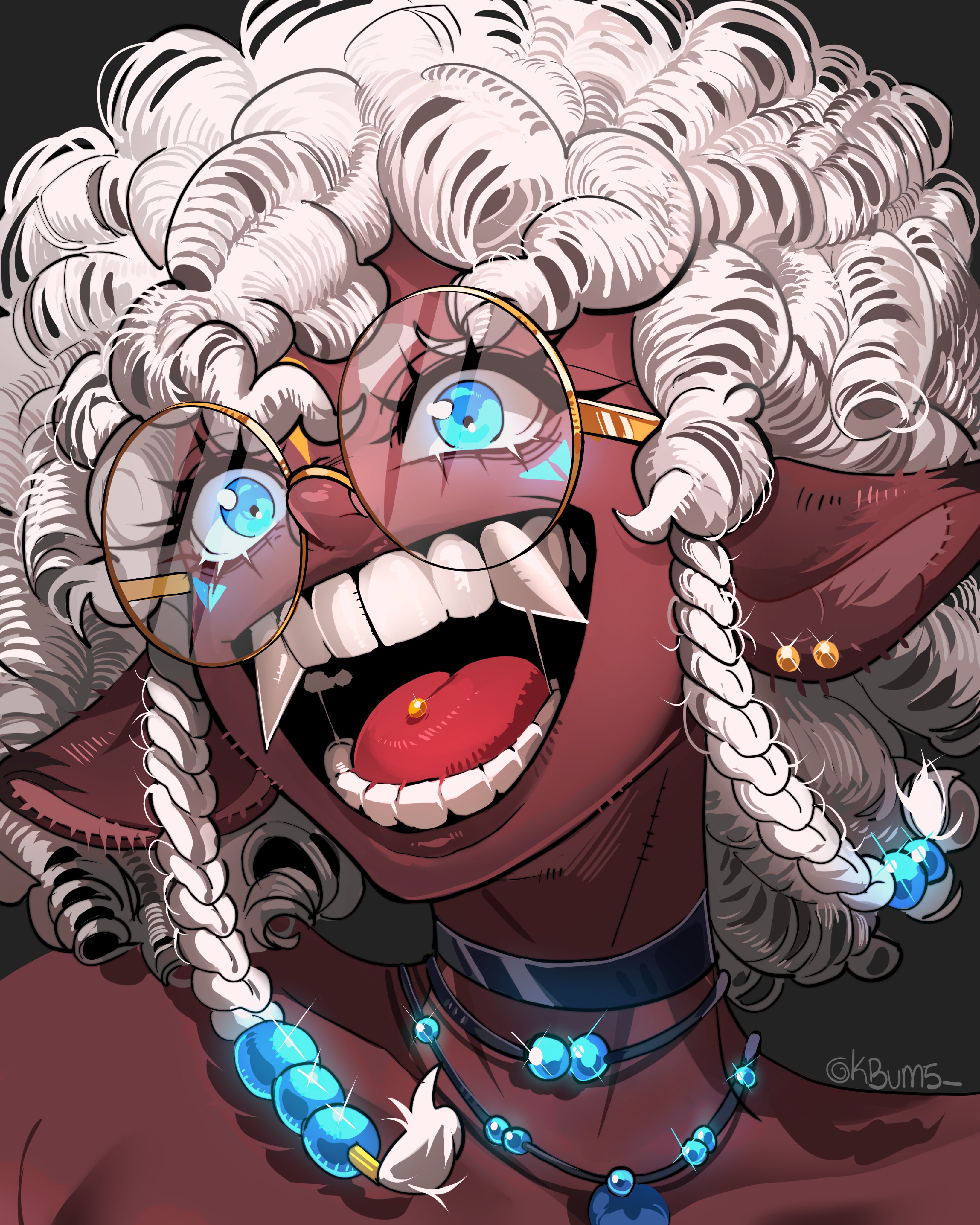 original, absurdres, commentary, commission, english commentary, highres, 1girl, :d, animal ears, artist name, black choker, blue eyes, braid, choker, colored skin, earrings, fangs, glasses, goat ears, goat girl, jewelry, kbuuumm5, necklace, open mouth, piercing, portrait, red skin, round eyewear, smile, solo, teeth, tongue piercing, twin braids, white hair