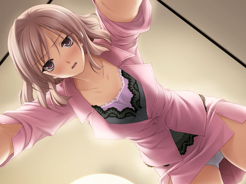 suzuhira hiro, nogisaka motoka, yosuga no sora, game cg, 1girl, blush, brown eyes, brown hair, business suit, dutch angle, female focus, formal clothes, from below, jacket, nogizaka motoka, panties, pantyshot, pencil skirt, short hair, skirt, skirt suit, solo, suit, underwear, upskirt, white panties, yosoganosora